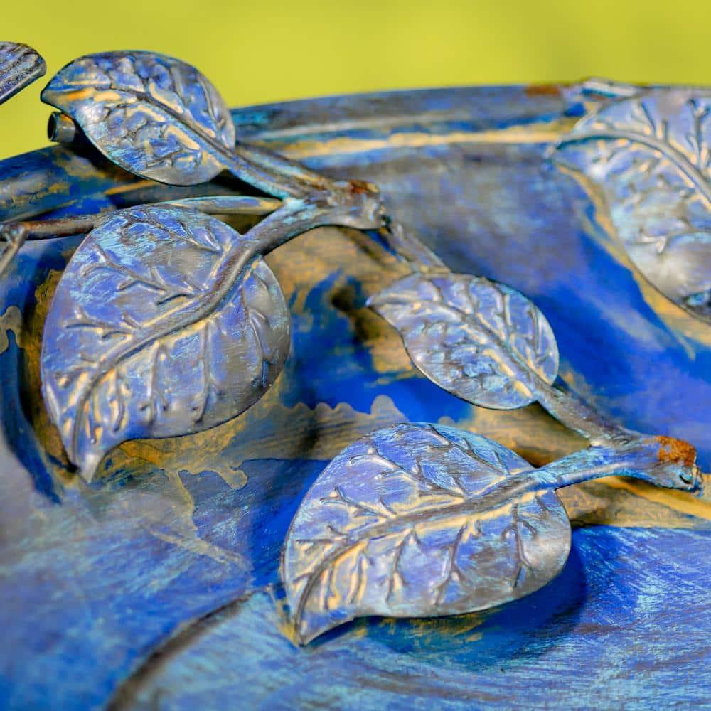 Zaer Ltd. Antique Blue Deep Round Metal Birdbath with Rose and Bird Accents