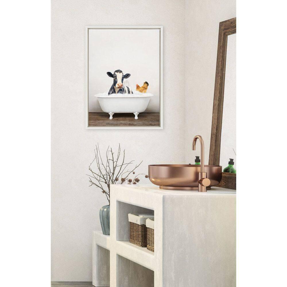 Kate and Laurel Sylvie Cow and Chicken in Rustic Bath Framed Canvas Wall Art by Amy Peterson Art Studio, 18x24 White, Modern Fun Decorative Bathtub Wall Art for Home Décor