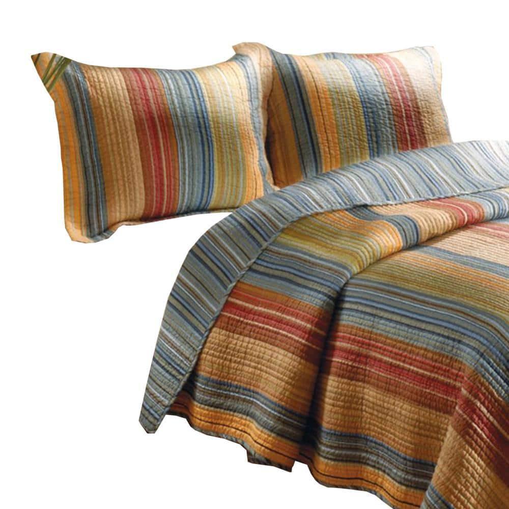 Benjara Huascaran 3 Piece Fabric Queen Size Quilt Set with Channel Stitching, Multicolor