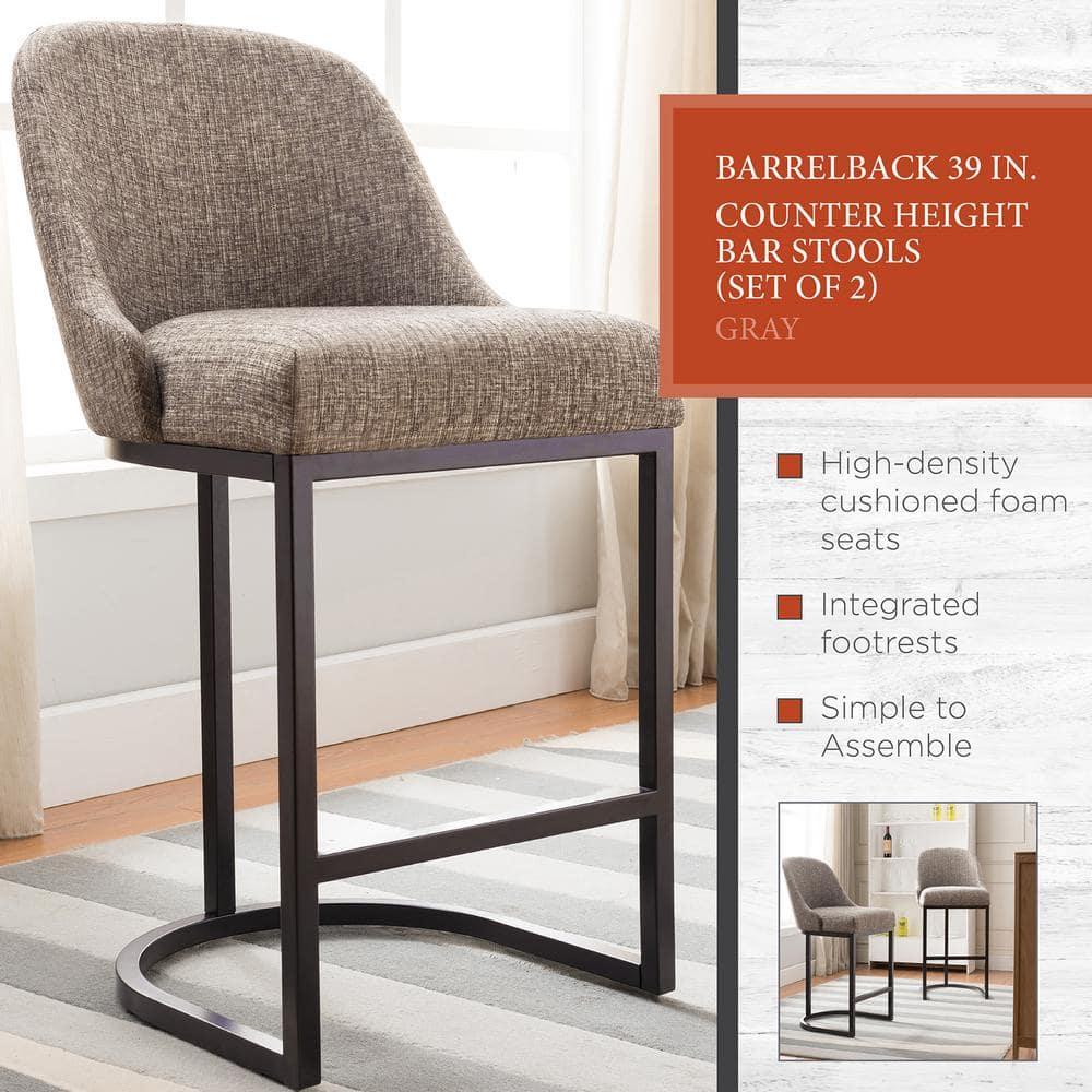 Leick Home Set of 2 Barrelback Counter Height Barstool with Metal Base Espresso/Gray Linen: Upholstered, Steel Legs, Modern Style