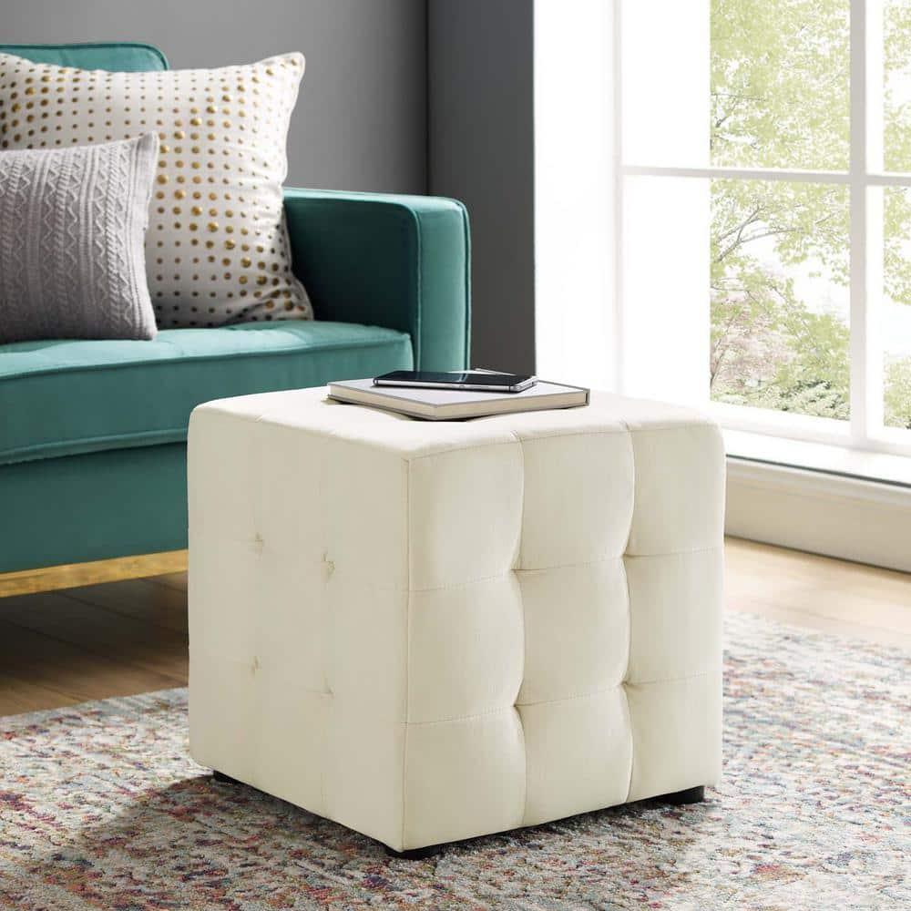 Contour Tufted Cube Performance Velvet OttomanIvory