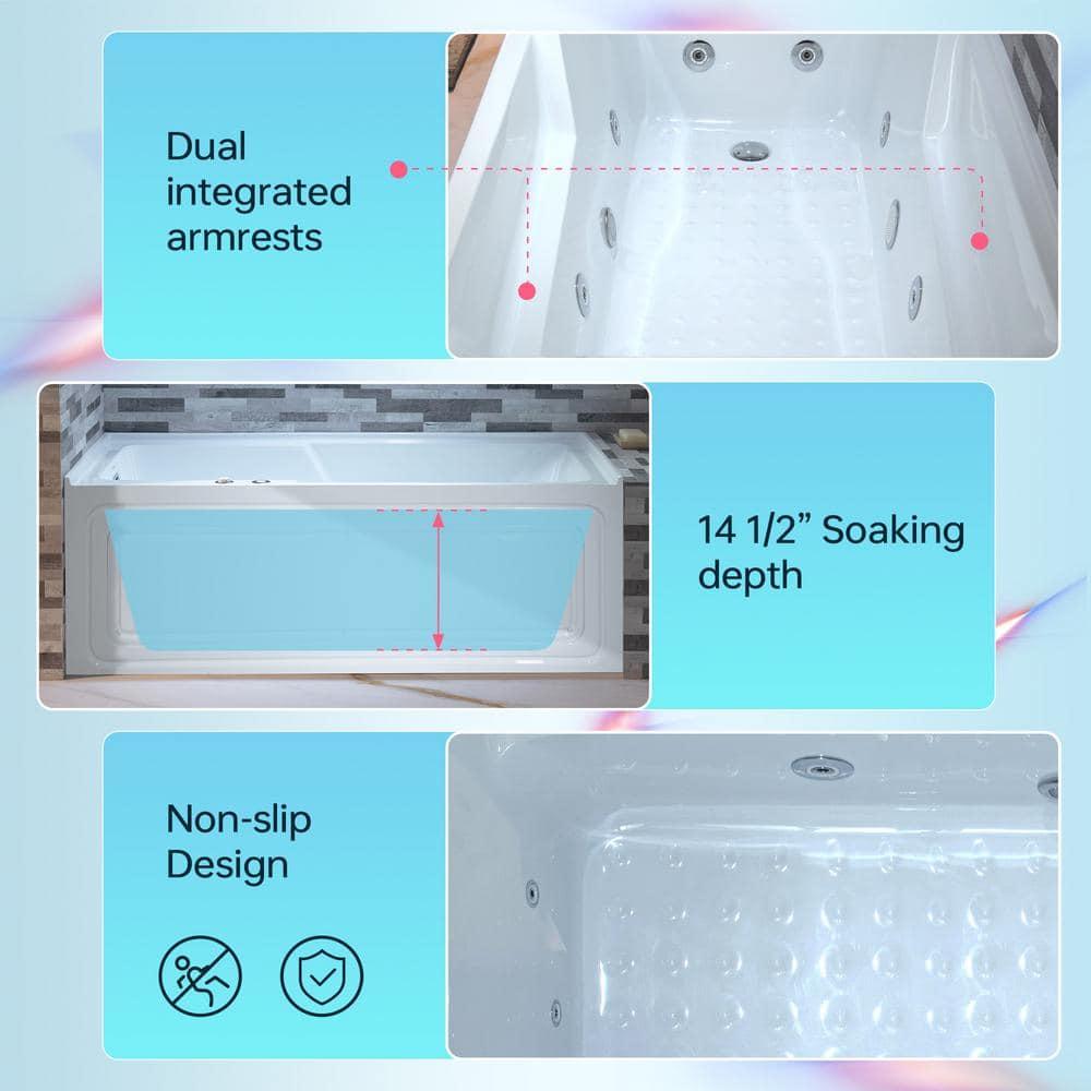 60" x 30" Whirlpool Heated Rectangular Alcove Acrylic Bathtub with Chrome/Matte Black Drain and Overflow