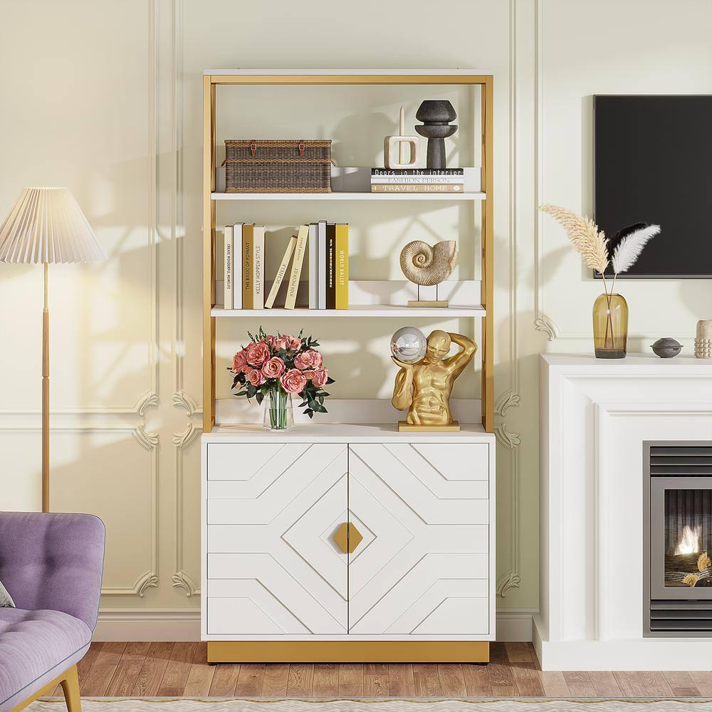 Tribesigns 71" Tall Etagere Bookcase with 3 Shelves 2 Cabinets, White and Gold Bookshelf with Doors, Modern Open Display Bookshelf for Living Room Bedroom Office