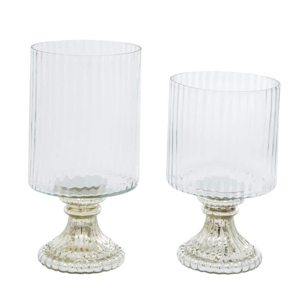 DecMode 2-Slot Silver Glass Hurricane Lamp, Set of 2