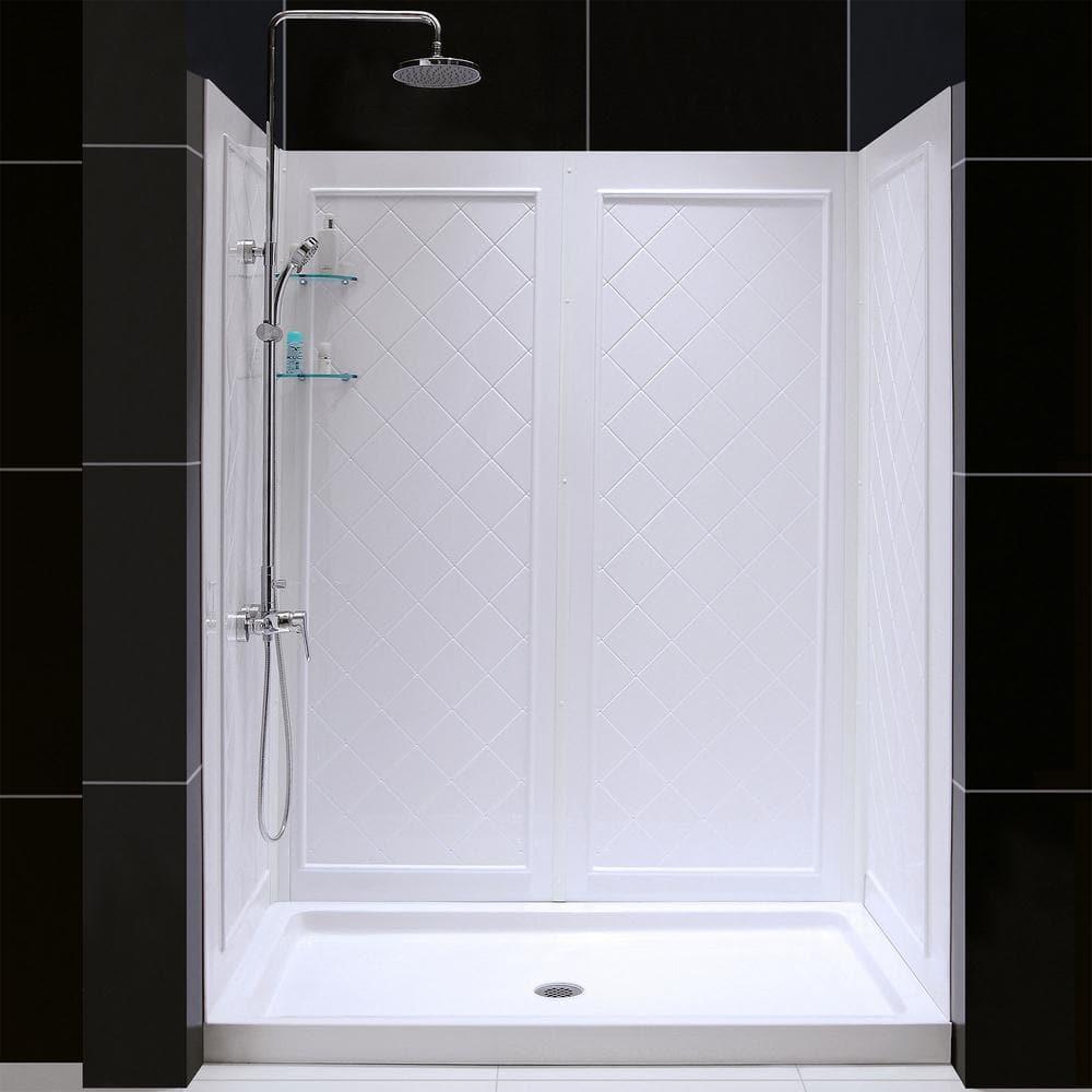 Qwall 32" D x 60" W x 76 3/4" H Left Drain Acrylic Shower Base and Wall Kit in White