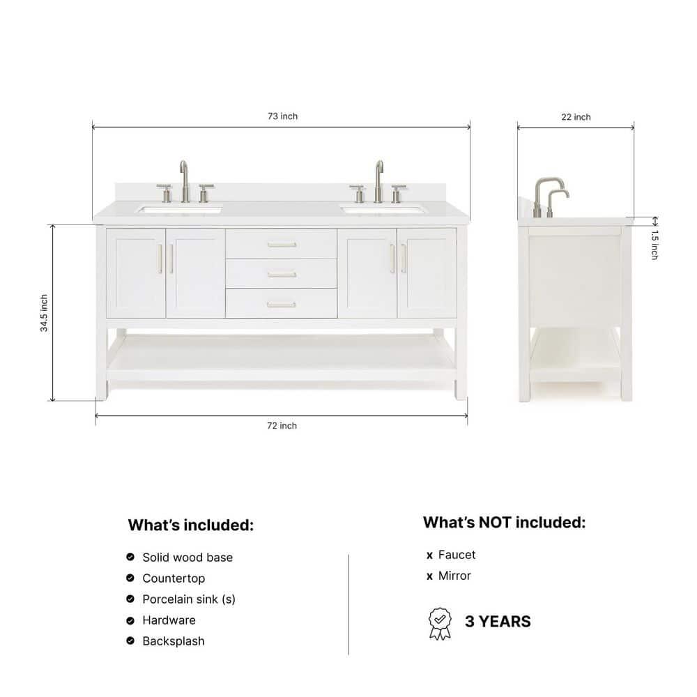 Ariel S073dwqrvo Magnolia 72" Free Standing Double Basin Vanity Set - White / Pure White