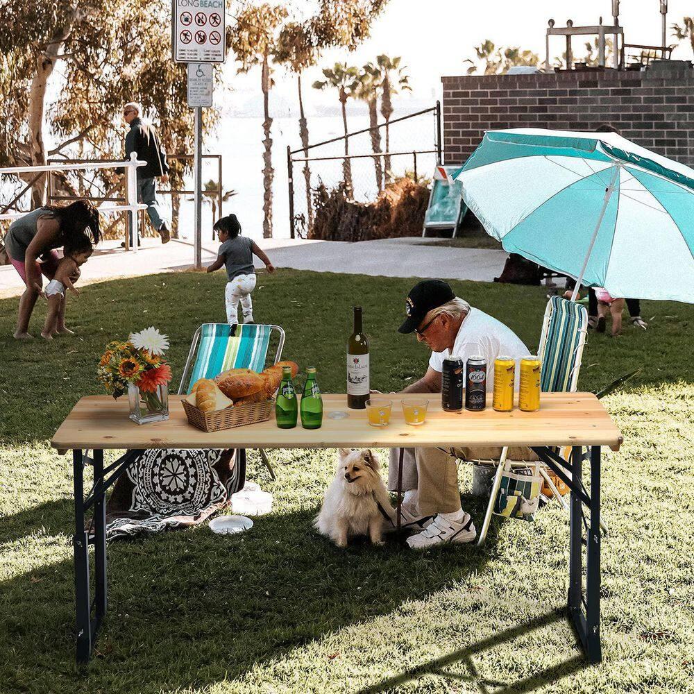 Costway 66.5" Outdoor Folding Wood Picnic Table Height Adjustable Metal Frame
