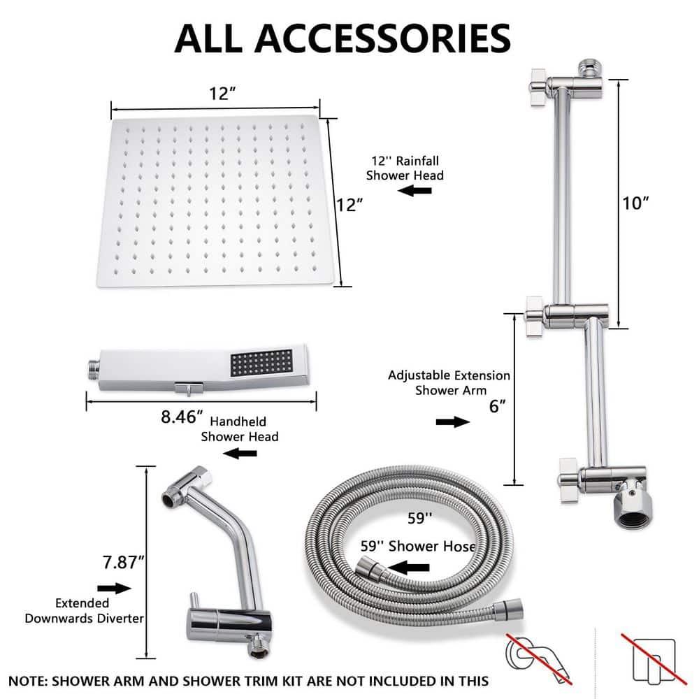 PDPBath All Metal 12'' Rainfall Shower Head with Handheld Combo, Upgrade 3-Way Diverter with Pause Setting, High Pressure Rain Shower Head with Z-shaped Extension Arm, 59" Hose, Brushed Nickel