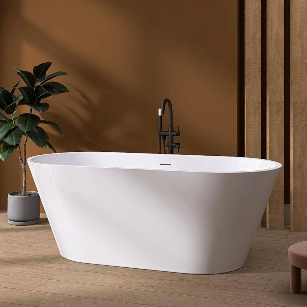 55" Freestanding Soaking Acrylic Bathtub Contemporary Stand Alone Tub with Pop-Up Drain