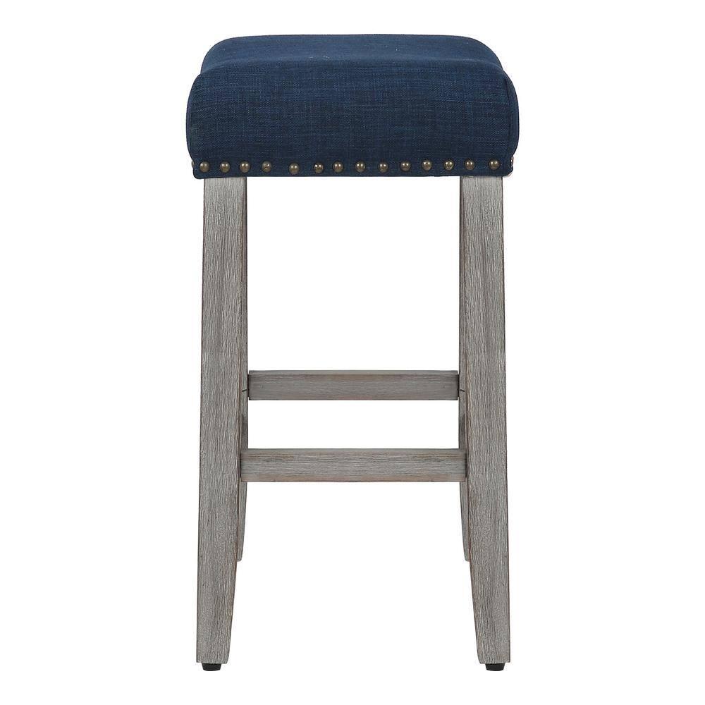 Polytrends Jameson Upholstered Polyester 24" Counter Stool - Gray Legs/ Saddle Seat Antique Gray/Navy Blue Wood Wood Foam 250lbs