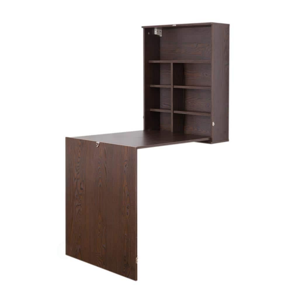 Basicwise Wall Mount Laptop Fold-out Desk with Shelves, Brown