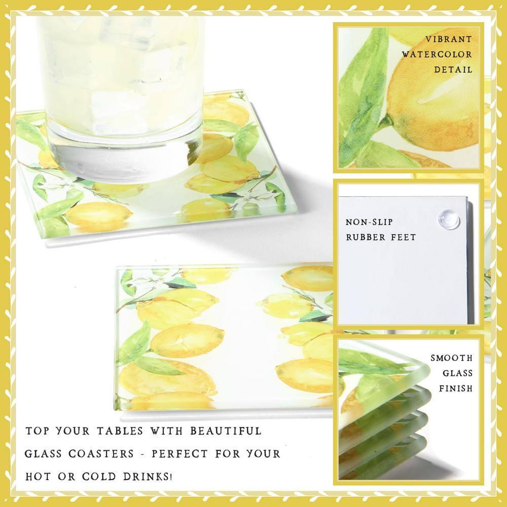 American Atelier, Square, Yellow Glass Drink Coasters (Lemon Branches), Set of 4