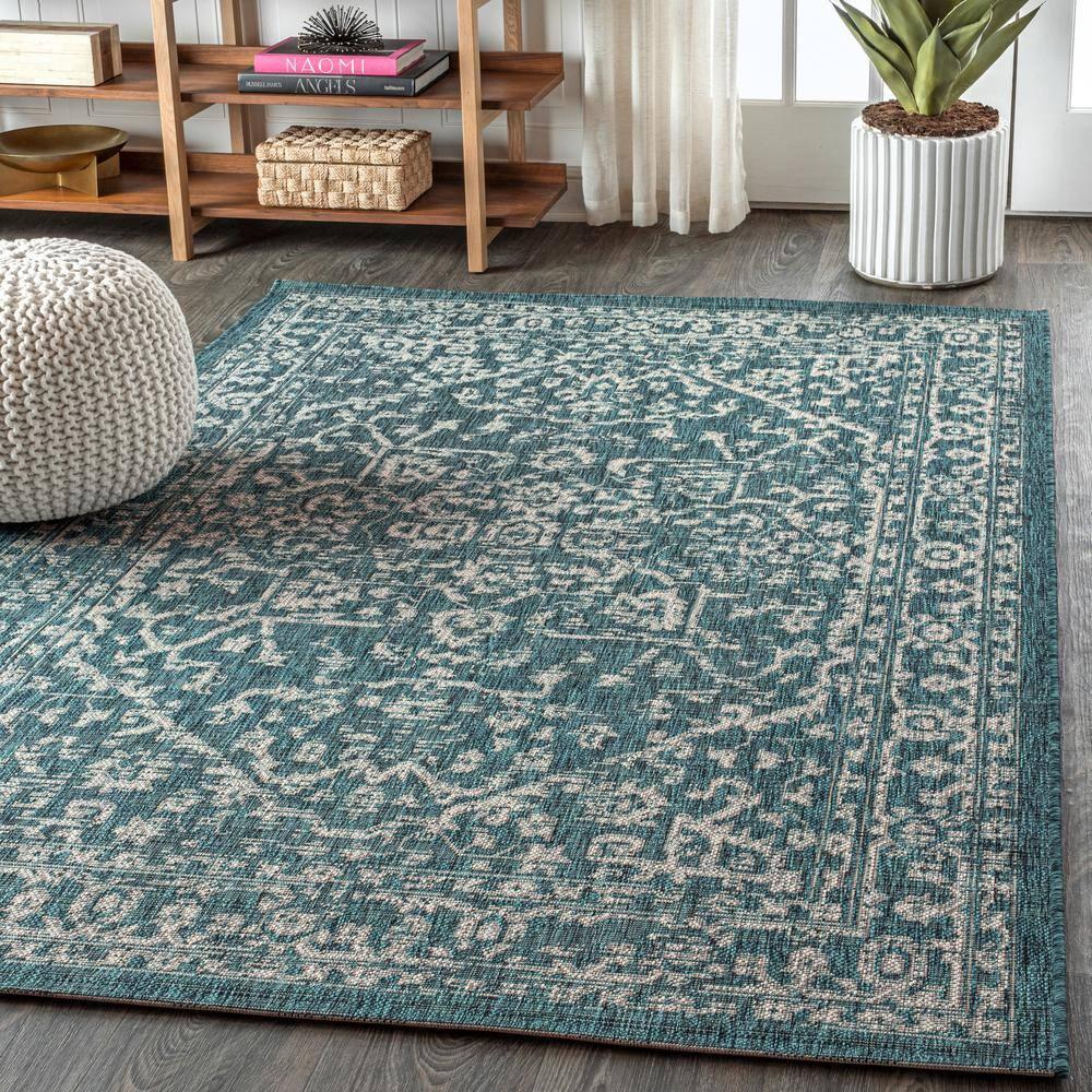 3'x5' Malta Bohemian Medallion Textured Weave Indoor/Outdoor Area Rug, Teal/Gray - JONATHAN Y