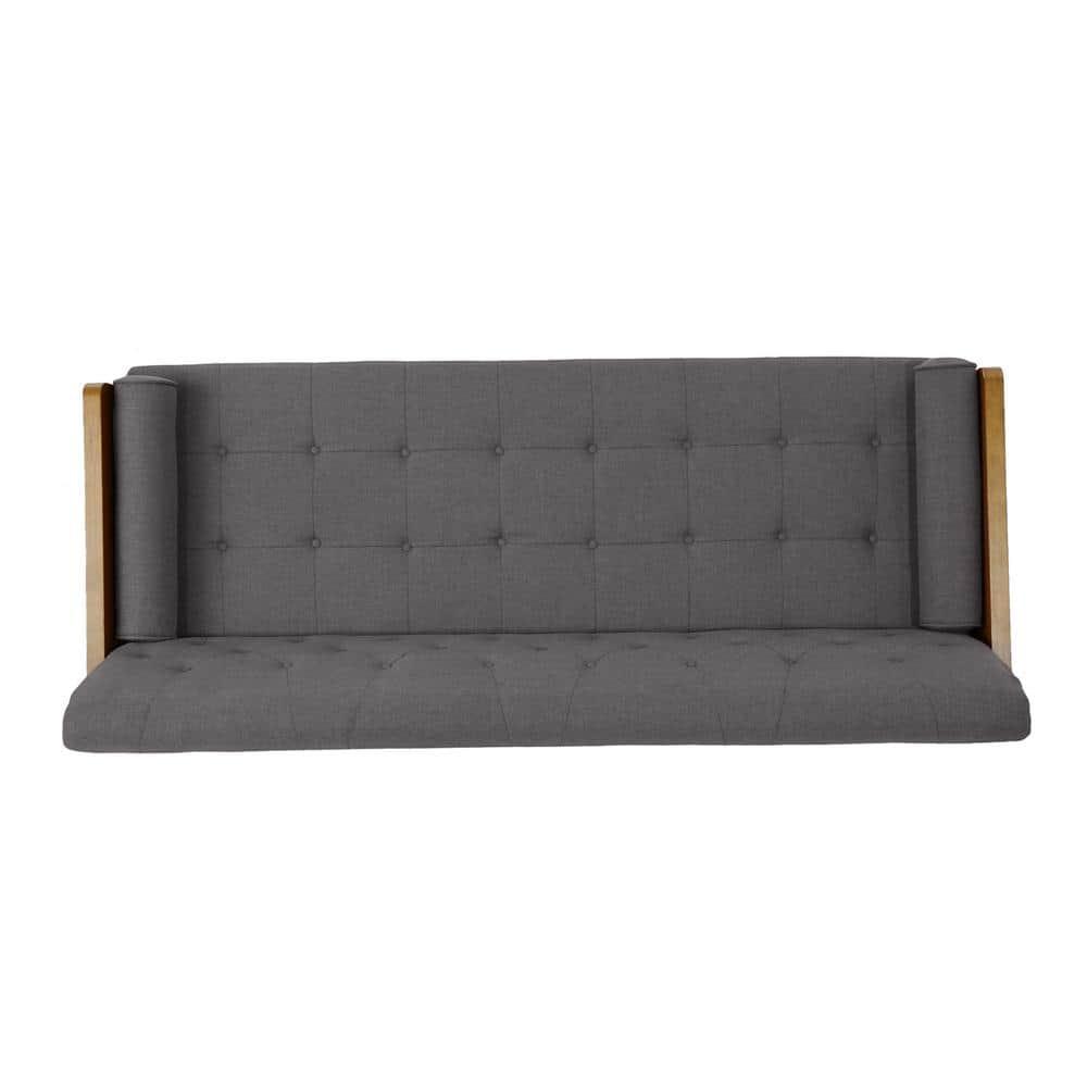 Noble House Nathanial Fabric Tufted Sofa, Grey, Dark Walnut