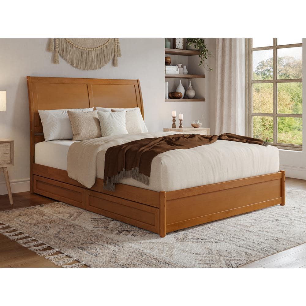 AFI, Andorra Queen Platform Bed with Panel Footboard and Storage Drawers, Light Toffee