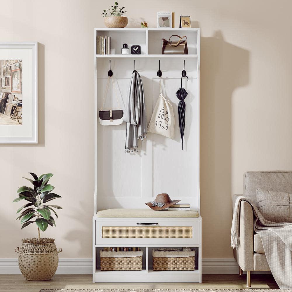Anmytek Hall Tree with Bench and Shoe Storage, Entryway Coat Rack with 6 Compartments 4 Hooks & Rattan Door, Shoe Storage Bench with Soft Cushion for Hallway, Living Room, Mudroom