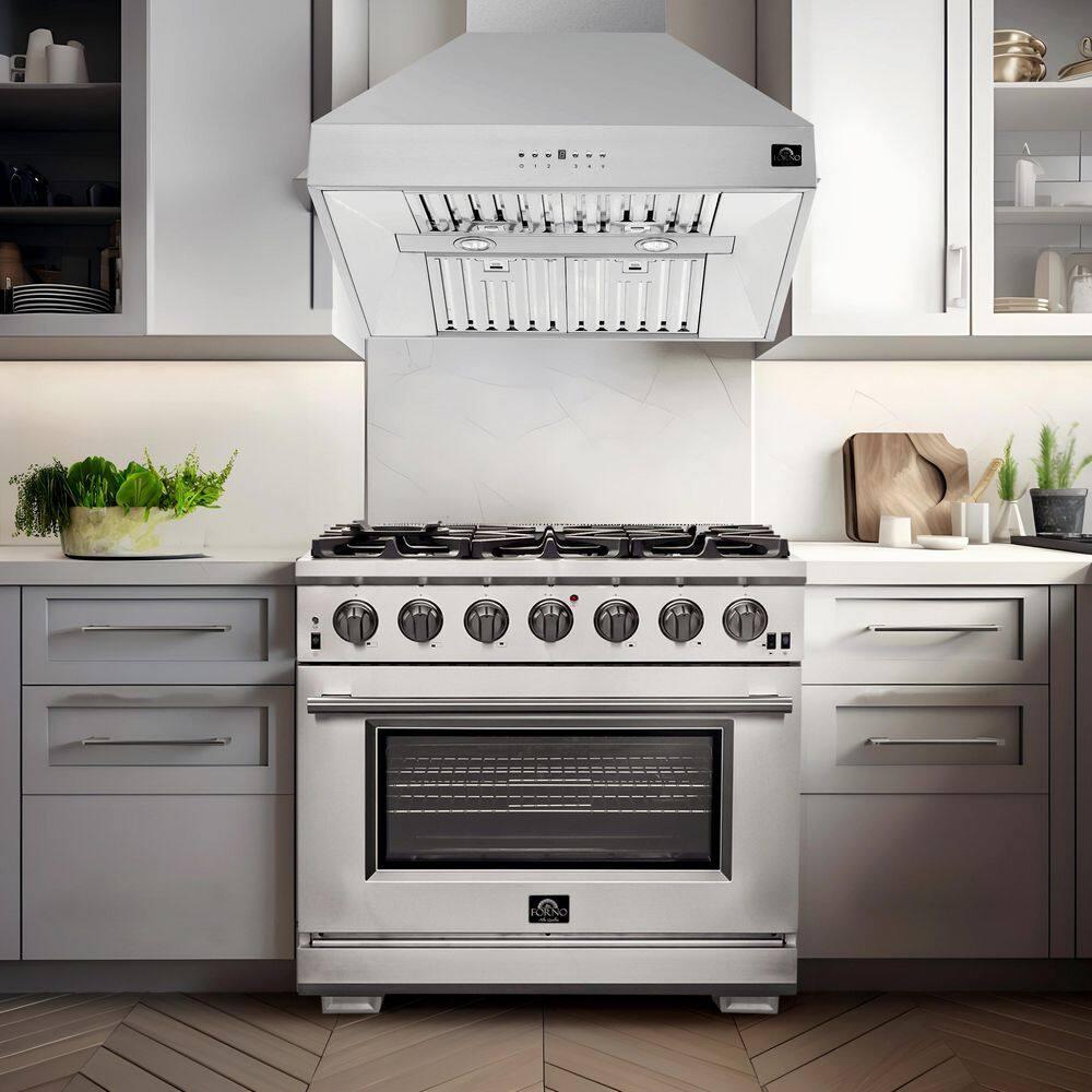 Forno Orvieto 36-inch Wall Mount Range Hood, 1200 CFM Double Motor, 4 Speed Control, All Stainless Steel