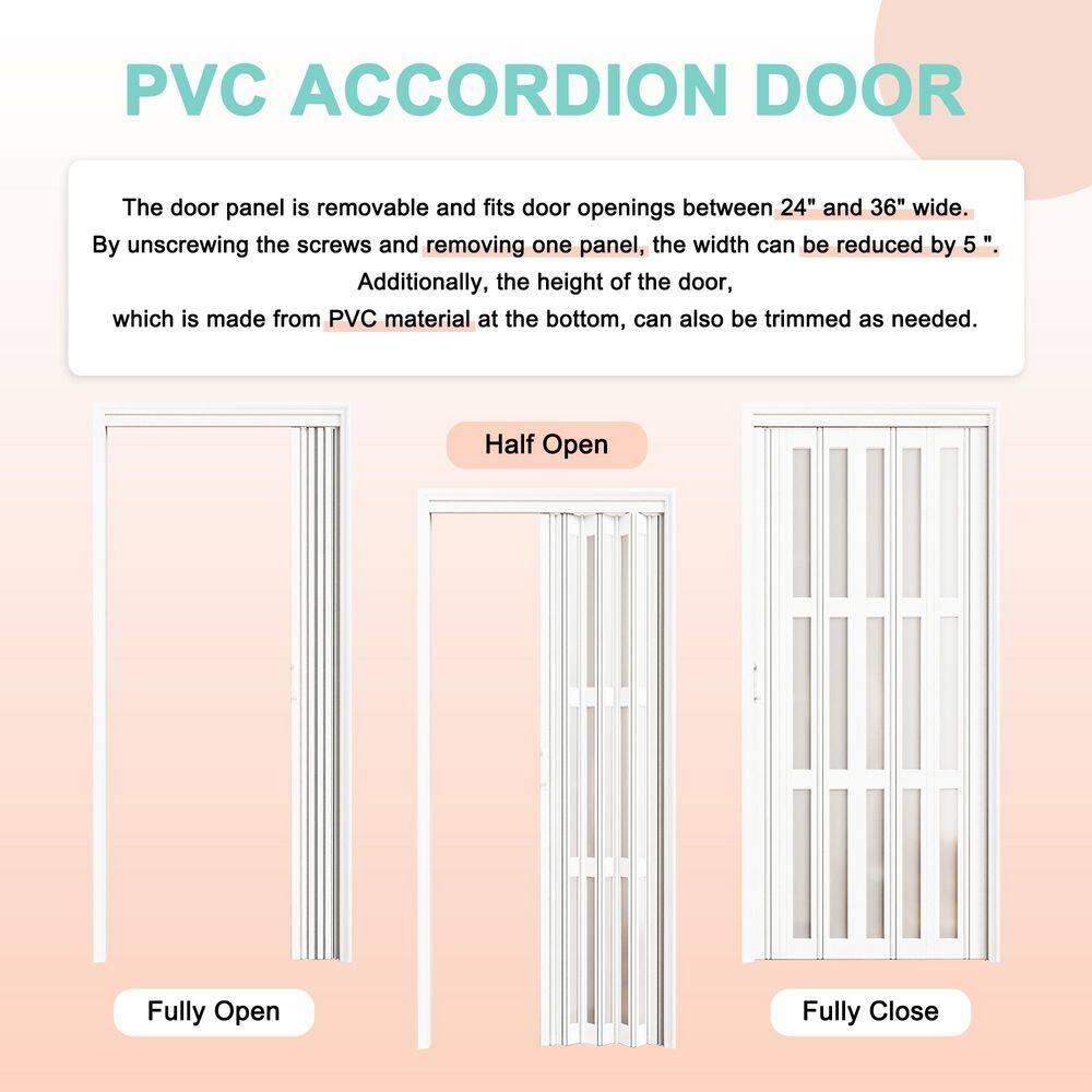 Upgrade Dual Layer Vinyl Accordion Door with Handles and Magnetic Door Lock, 4-Lite Frosted Acrylic Glass, White