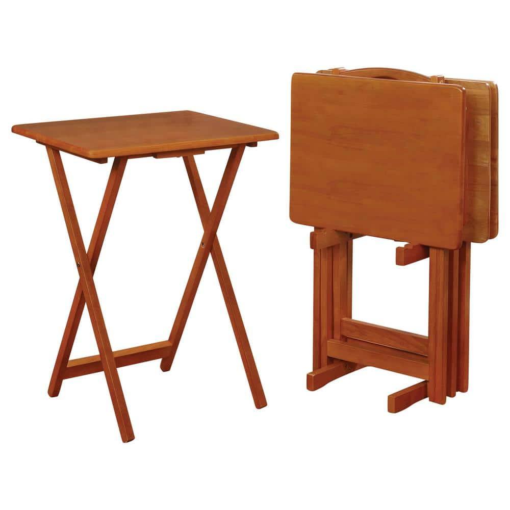 Set of 4 Oak Finish Solid Wood TV Dinner Tray Tables