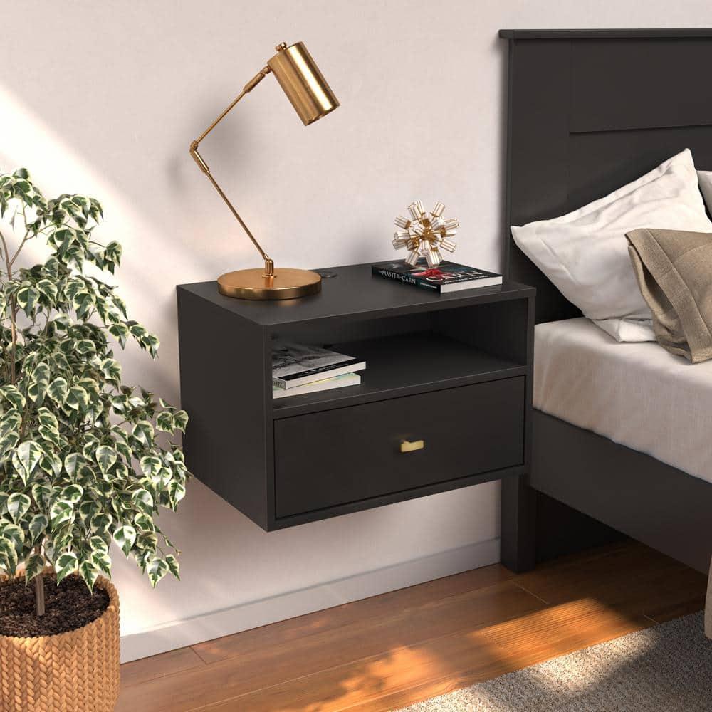 Floating 1 Drawer Nightstand with Open Shelf Black - Prepac: Modern Wall-Mounted Design, Cable Management, Laminated Surface