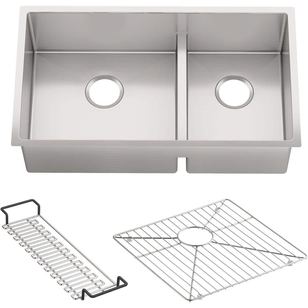 Strive 32" L x 18-5/16" W x 9-5/16" Smart Divide Under-Mount Large/Medium Double-Bowl Kitchen Sink with Basin Rack