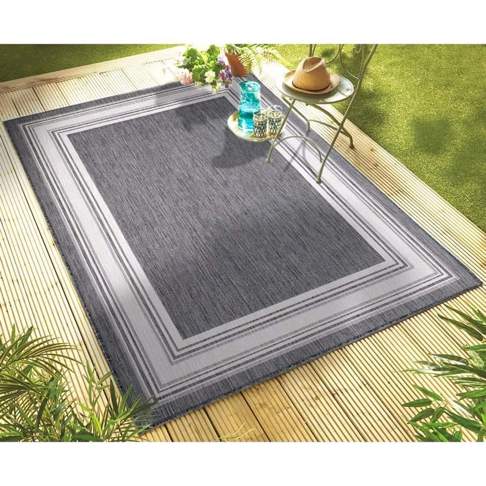 LR Home Kiara 7'6" x 9'5" Black/Gray/White Bordered Fade & Stain Resistant Indoor/Outdoor Area Rug
