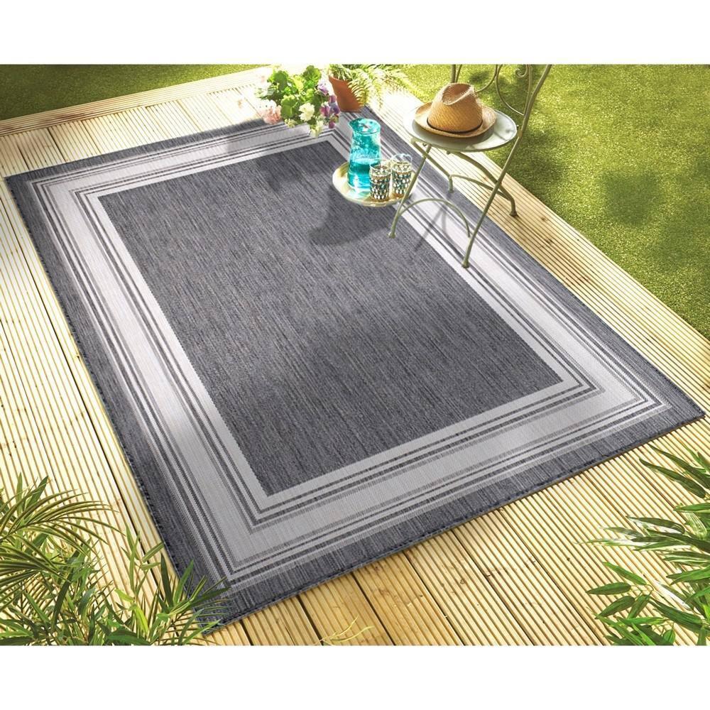 LR Home Kiara 7'6" x 9'5" Black/Gray/White Bordered Fade & Stain Resistant Indoor/Outdoor Area Rug