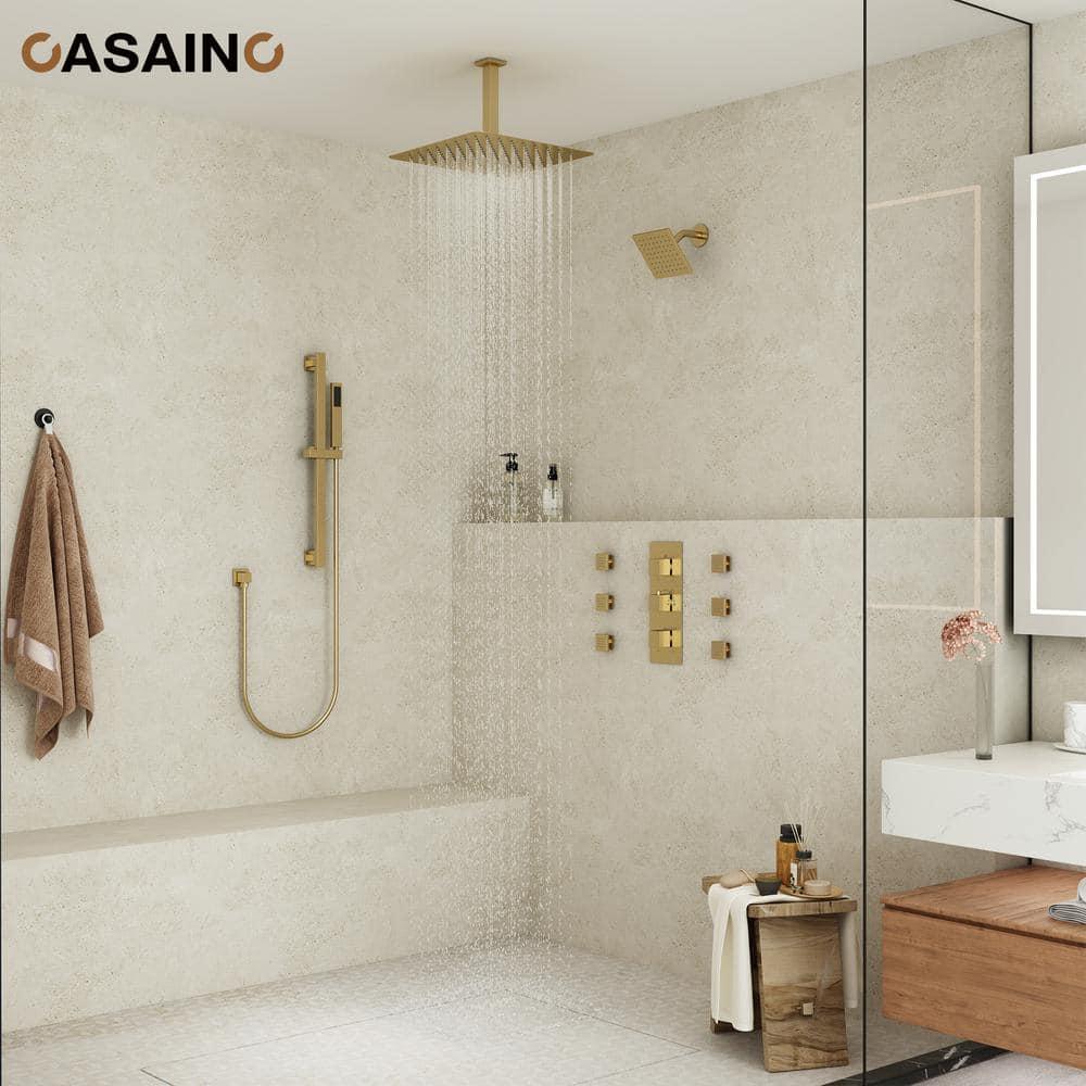 CASAINC Rainfall Symphony 16inch Dual Shower Head Rainfall Thermostatic Shower System with 16-inch Slide Bar and Body spray KCHS0019-16BG