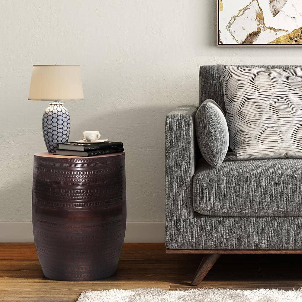 Simpli Home 15"W Metal Boho End Table with Drum Design and Textured Finish, Assembled