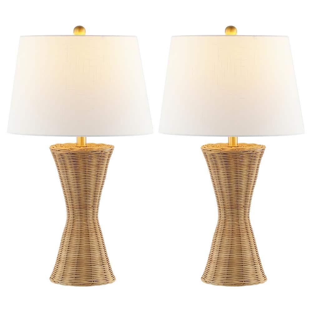 Laura 27 in. Coastal Designer Iron/Rattan Wicker LED Table Lamp Set with Rattan Base and Linen Shade, Natural (Set of 2)