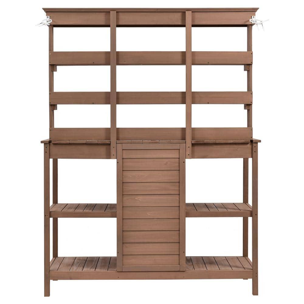 66 in. Brown Fir Wood Outdoor Potting Bench with Drawers