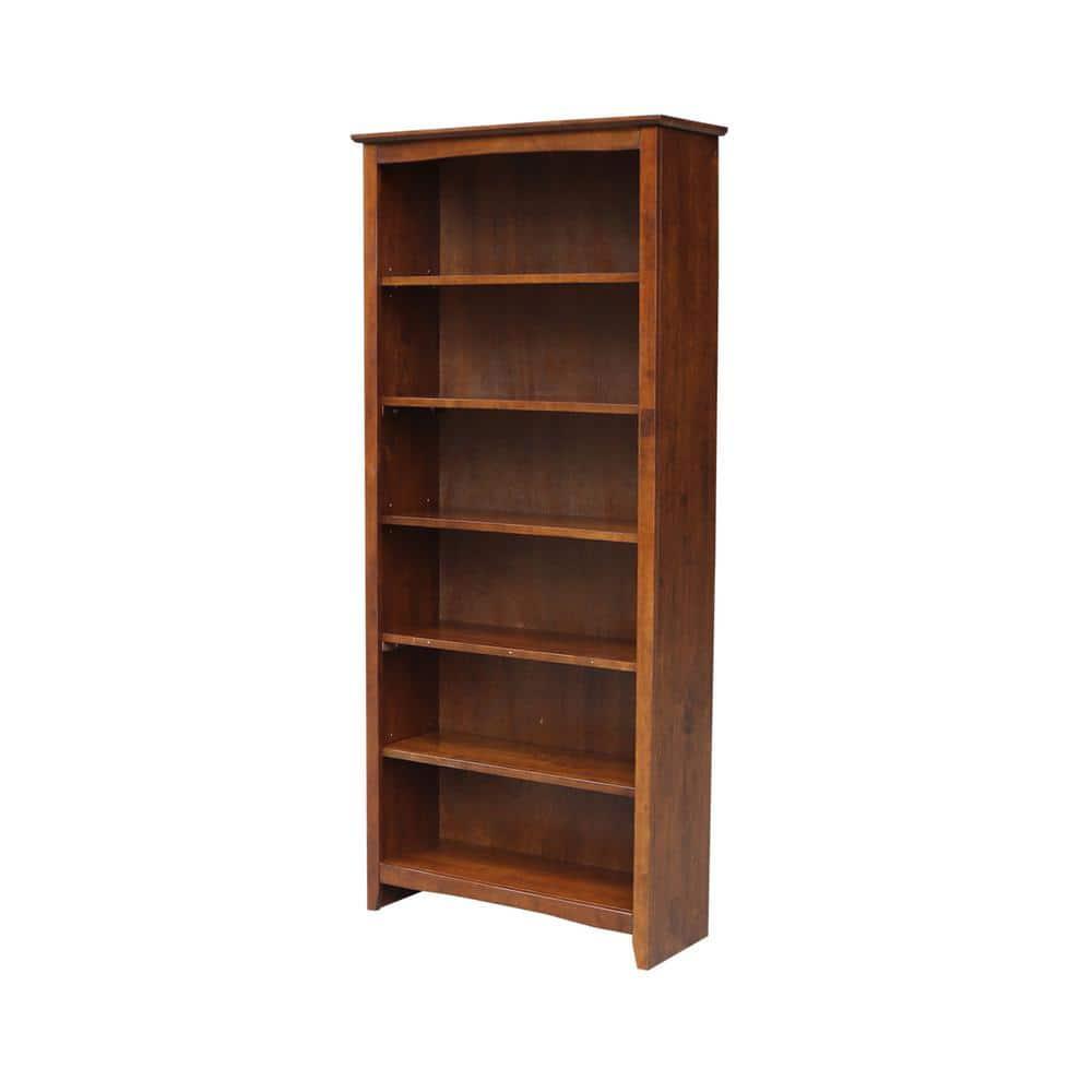 72" Shaker Bookshelf Espresso - International Concepts: Solid Parawood, 6 Fixed Shelves