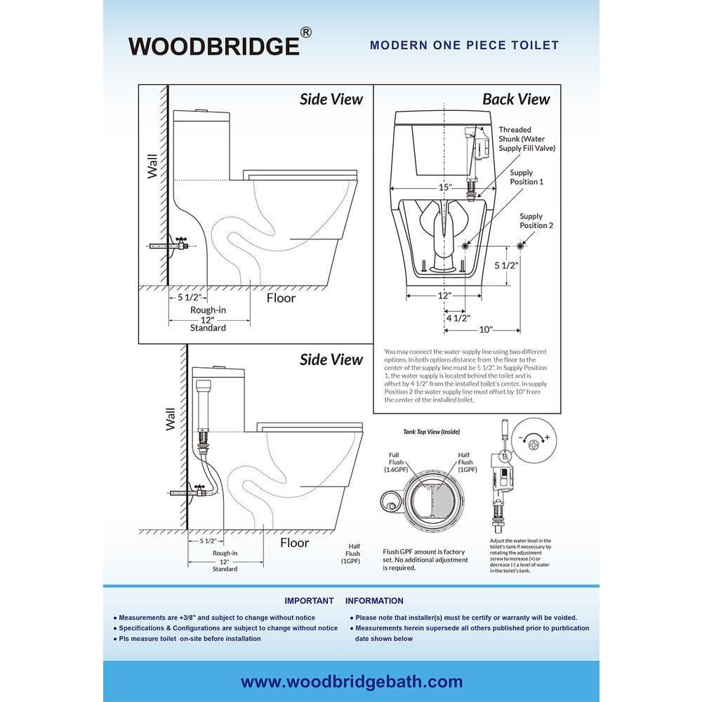 WoodBridge 1.6 Gallons GPF Elongated Comfort Height Floor Mounted One-Piece Toilet (Seat Included)