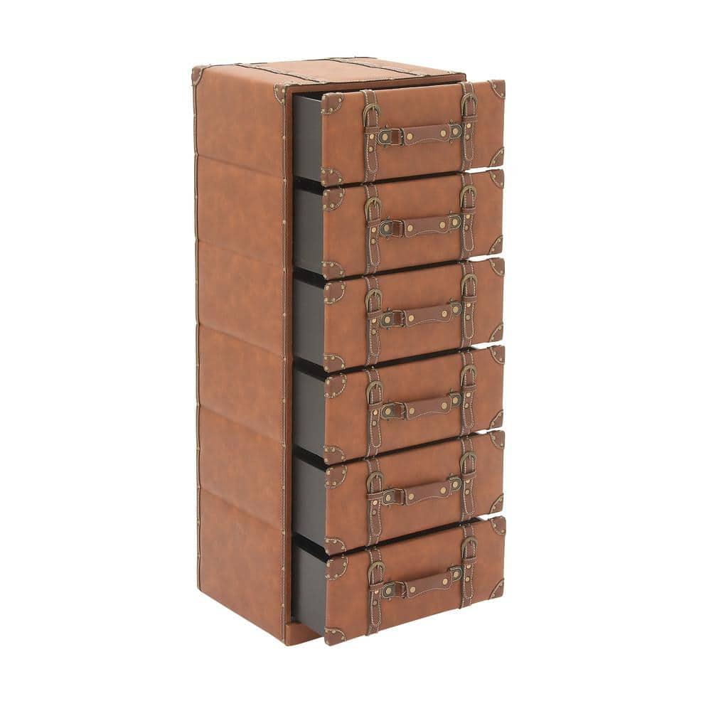 DecMode 16" x 42" Brown Wood Faux Leather 6 Drawers Chest with Buckle and Strap Detailing, 1-Piece