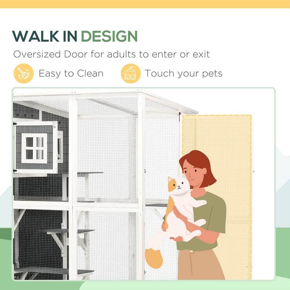 PawHut Walk-in Catio Outdoor Cat Enclosure, 7 Perches & Divided Den, Outdoor Cat House Weatherproof, Cat Shelter Kitty House Cat Cage, Cat Gift, Gray