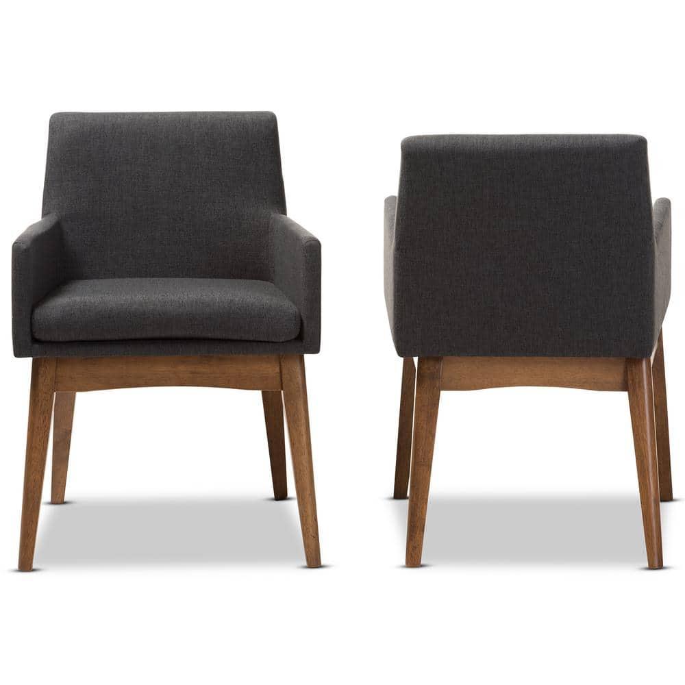 Set of 2 Nexus Mid Century Modern Walnut Wood Fabric Upholstered Dining Armchair Dark Gray - Baxton Studio: Polyester, Rubberwood Frame