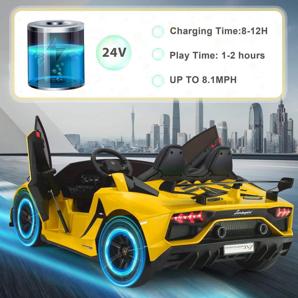 Tobbi 24V Lamborghini 2-seater Battery Powered Ride on with High/Low speed switch, Slow start function, Battery level display, MP3, USB, Light Drift Car for Kids 3-8
