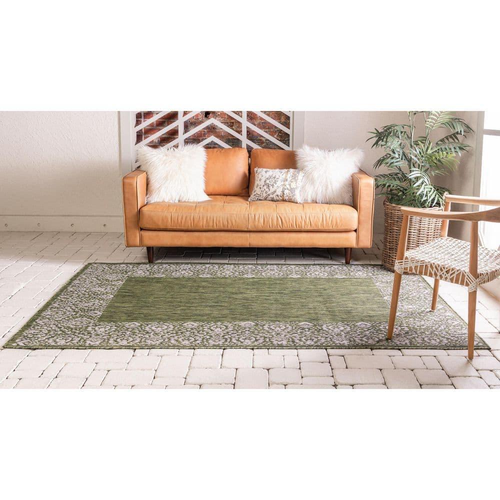 Unique Loom Outdoor Border Collection Area Rug - Floral Border (9' x 12' Rectangle Green/Ivory)