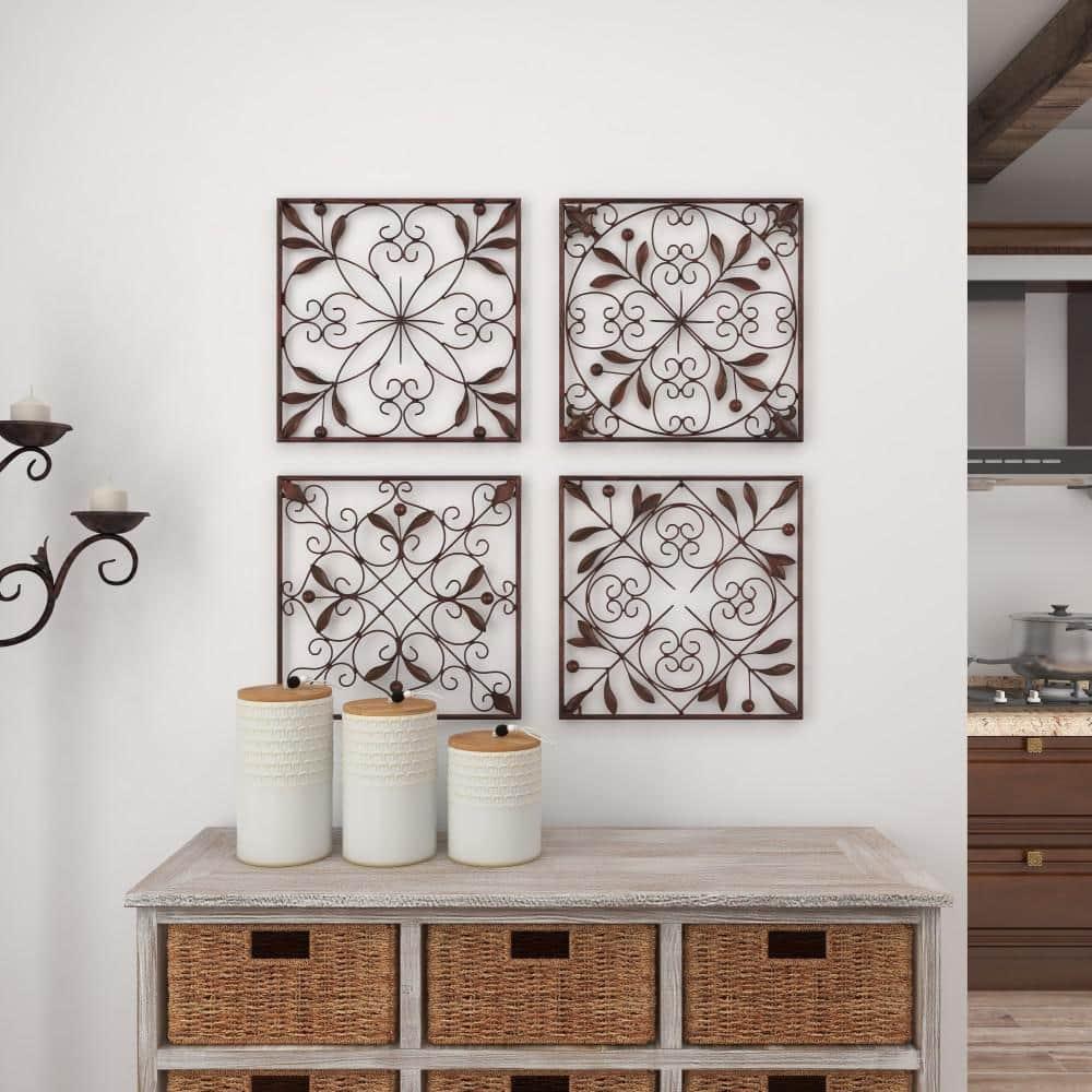 DecMode Rustic Brown Square Metal Wall Décor Set of 4 14"W x 14"H