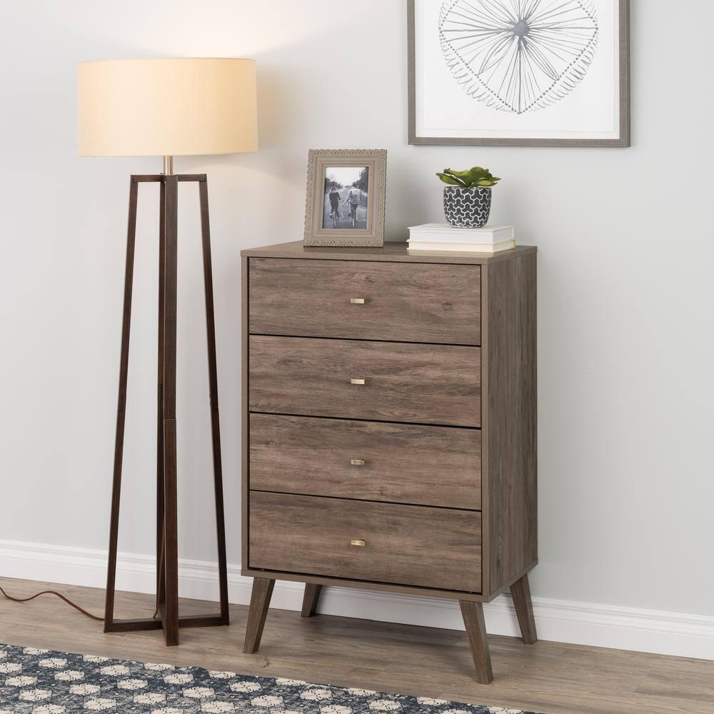 Mid-Century Modern 4 Drawer Chest Drifted Gray - Prepac: Sleek Bedroom Storage, Brass Knobs