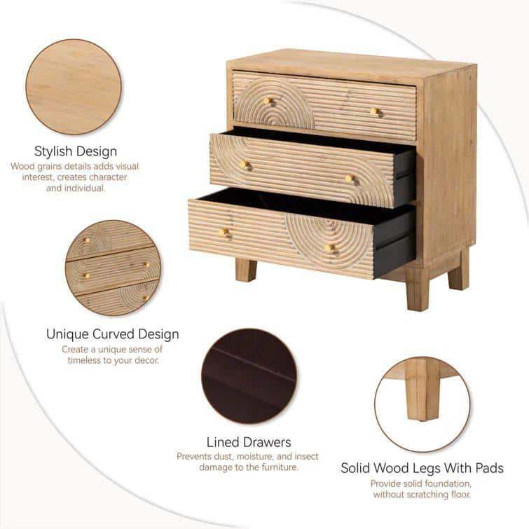 COZAYH 3-Drawer Farmhouse Dresser with Handicraft Wood Ring Motif, Fully Assembled Nightstand Wooden Finish for Boho, Mid-century, Rustic Style, Natural Wood