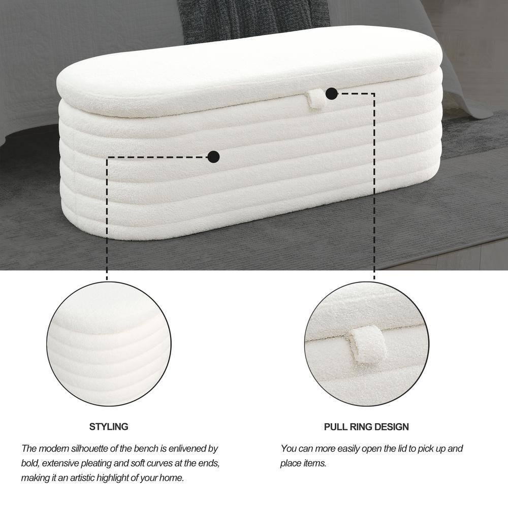 Modern Oval Storage Ottoman Bench, Upholstered Boucle Teddy Fabric End Of Bed Bench With Storage, End Of Bed Stool With Safety Hinge For Bedroom, Living Room, Entryway