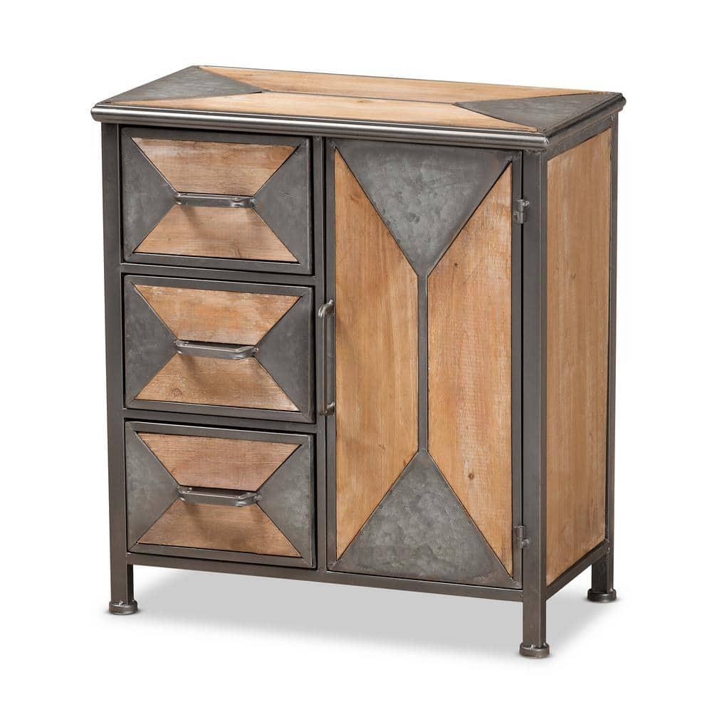 Livi Homes Vortex 3-Drawer Accent Storage Cabinet in Rustic Industrial Antique Grey Finished Metal and Whitewashed Oak Brown Finished Wood