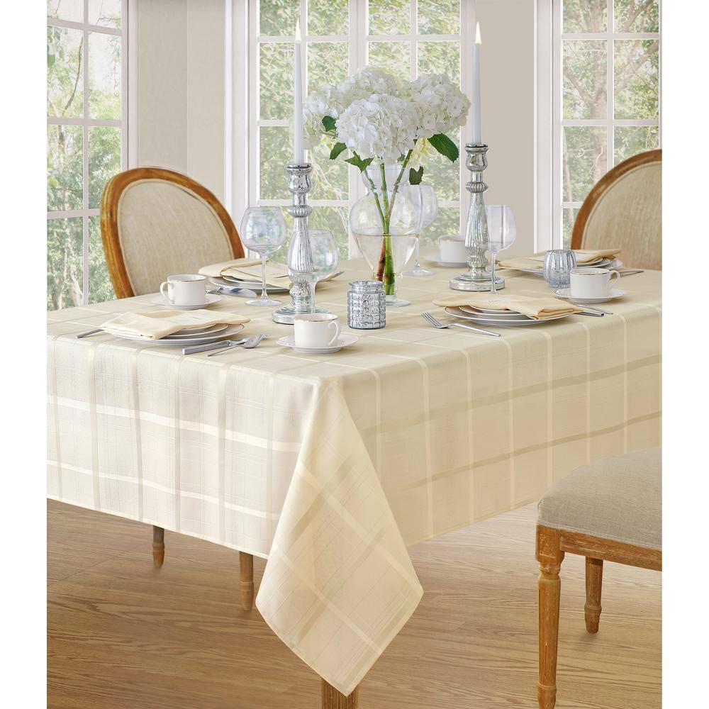 Elegance Plaid Stain & Water Resistant Tablecloth - 60" x 84" Rectangle - Beige - Elrene Home Fashions