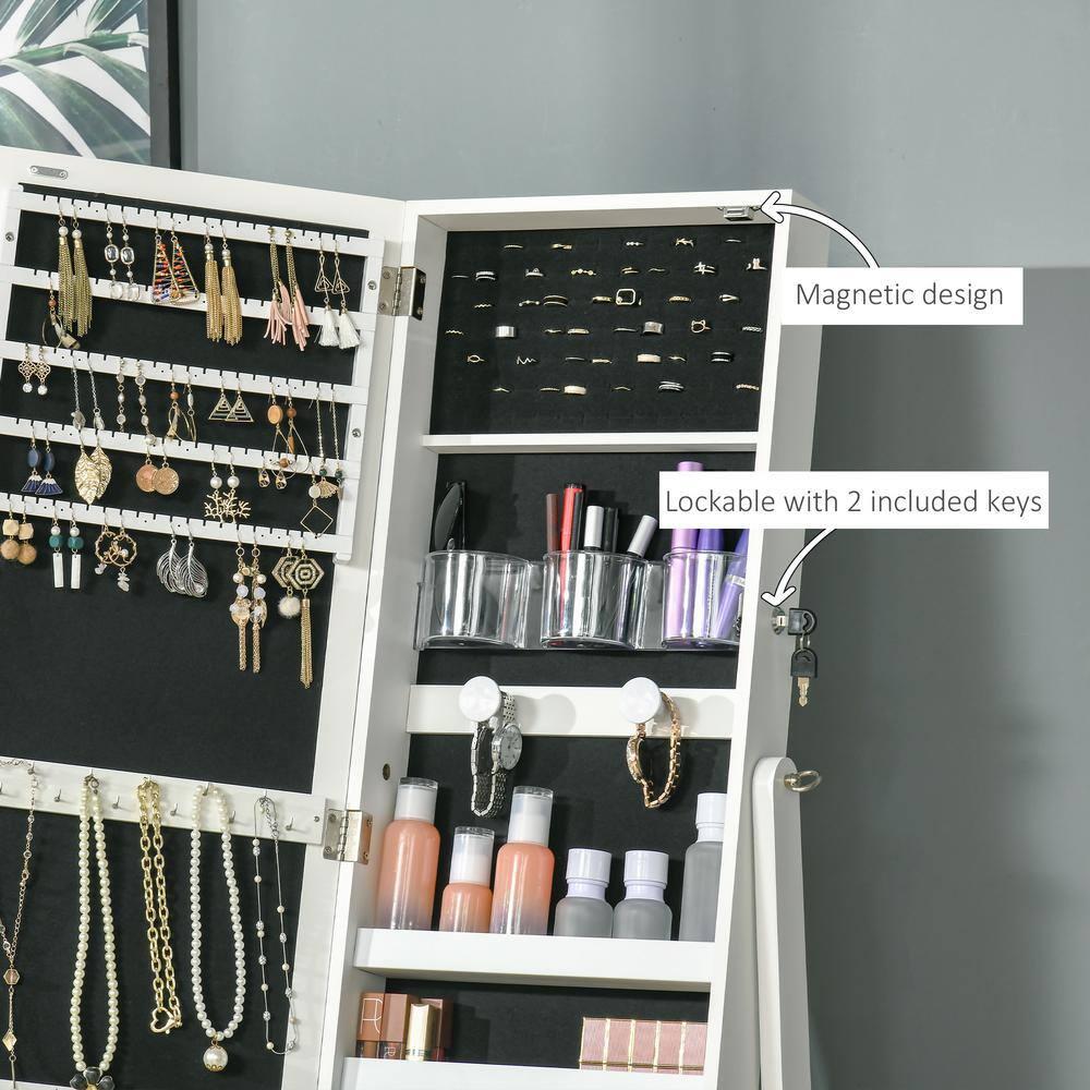 White MDF Floor Standing Jewelry Cabinet with LED Light and Mirror
