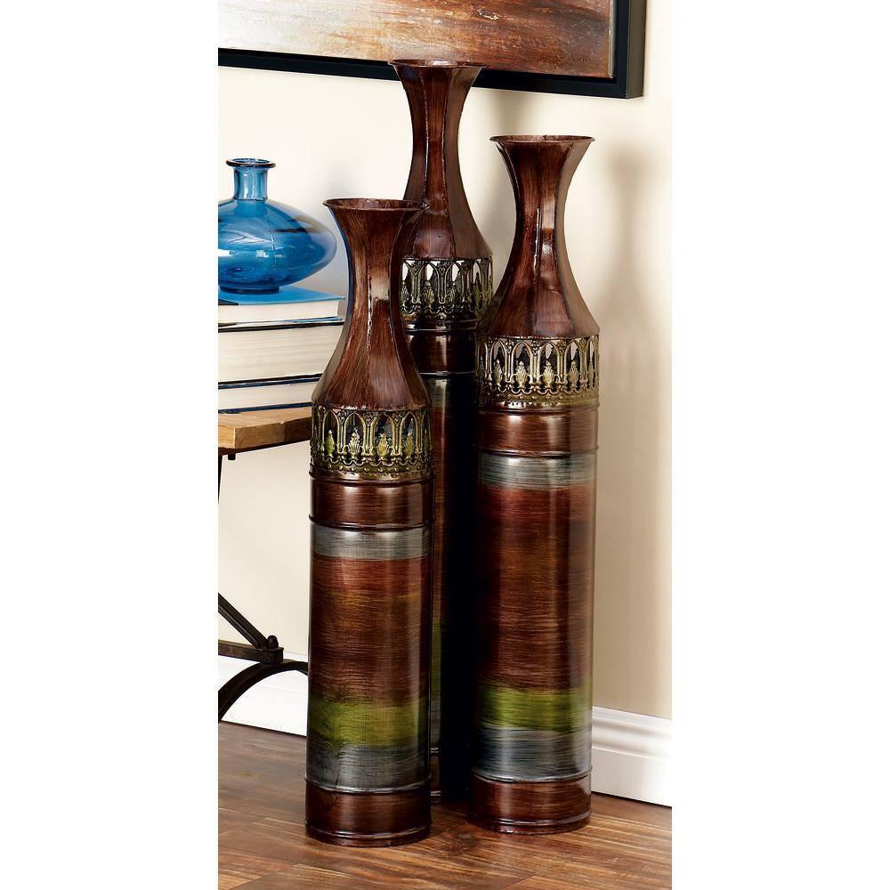 DecMode 34", 31", 28"H Tall Ombre Bronze Metal Vase with Laser Cut Antefix Design, Set of 3