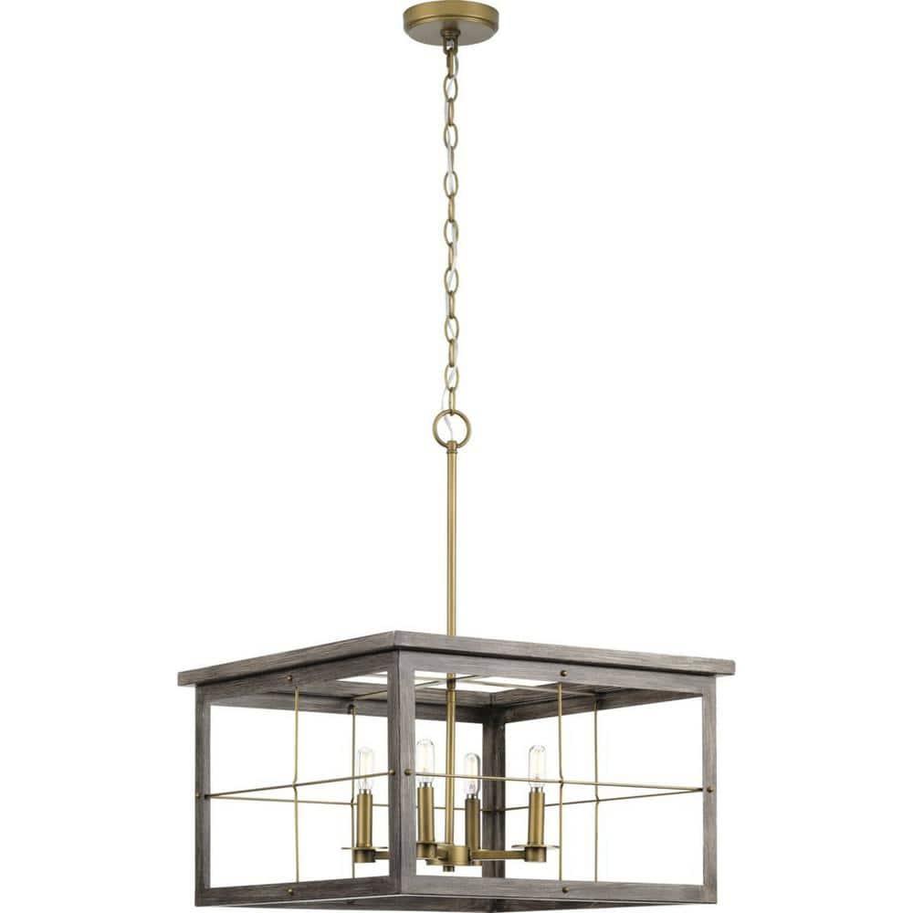 Progress Lighting, Hedgerow Collection, 4-Light Chandelier, Distressed Brass, Windowpane Design