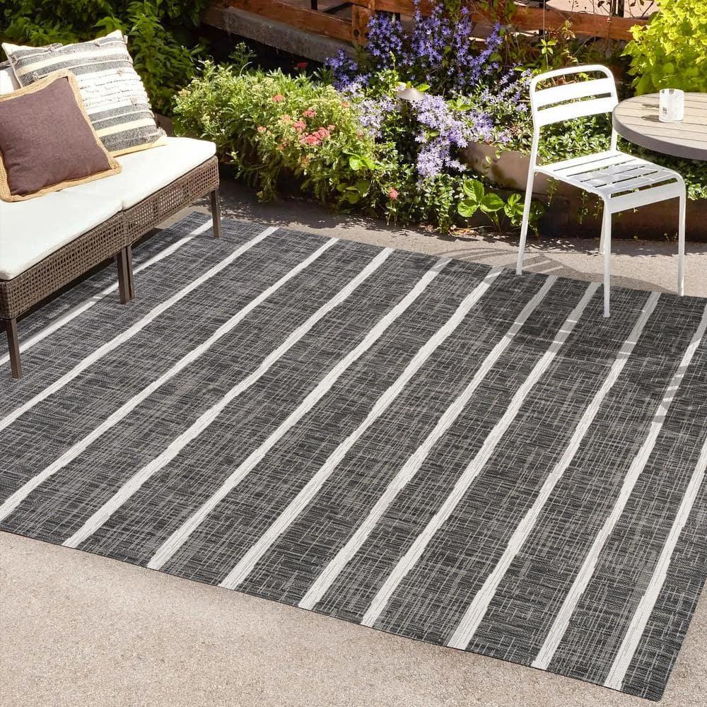 3'x5' Colonia Berber Stripe Indoor/Outdoor Area Rug, Black/Ivory - JONATHAN Y