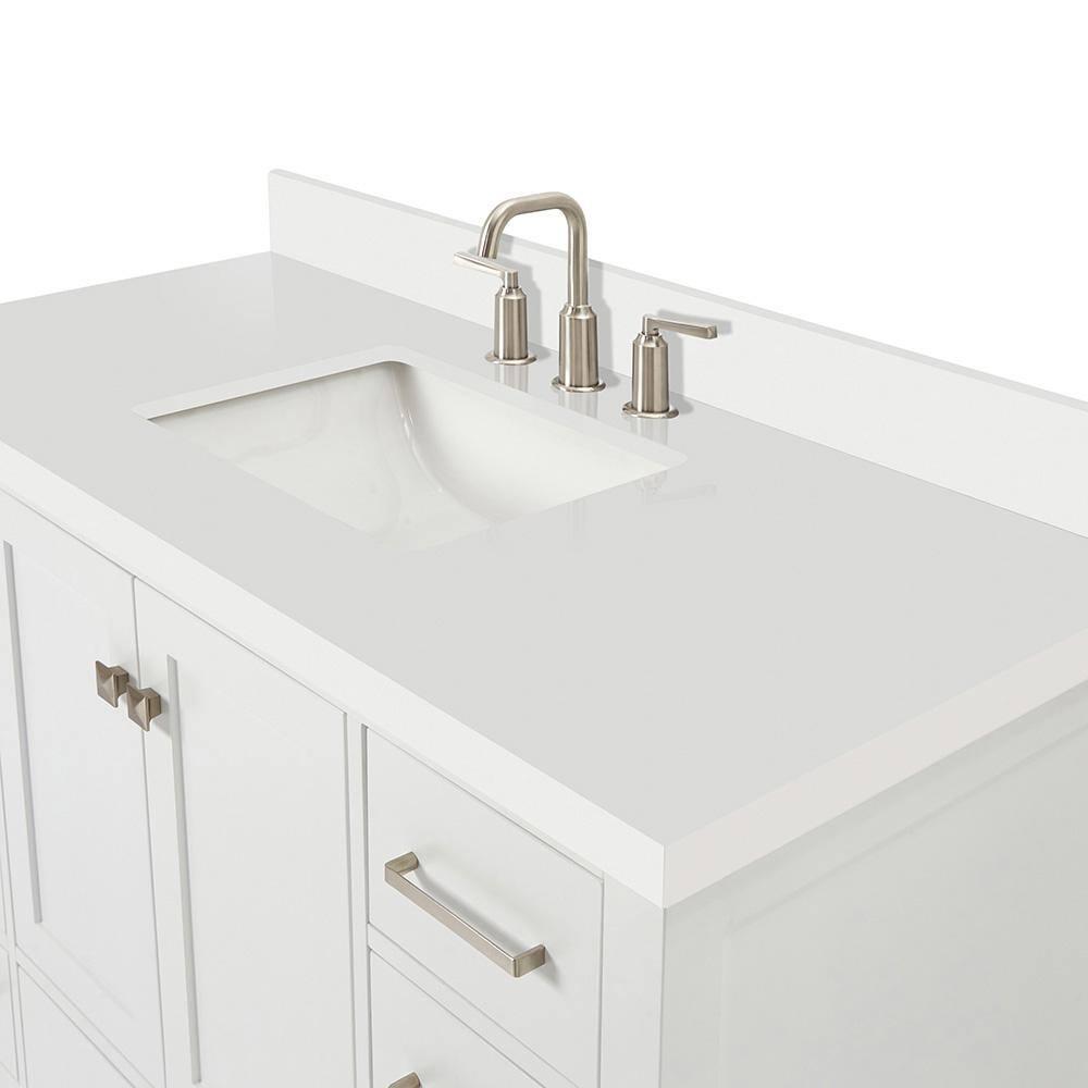 ARIEL 49" Bathroom Vanity with 1.5" Edge Pure White Quartz Countertop & Backsplash, Center Rectangular Sink, 2 Soft Closing Doors, 9 Full Extension Dovetail Drawers, Brushed Nickel - White