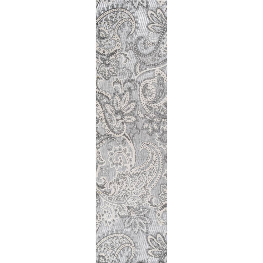 2'x8' Gordes Paisley High-Low Indoor/Outdoor Area Rug, Light Gray - JONATHAN Y